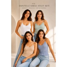Fevien 4'lü Paket Kadın Pamuklu Ince Askılı Dantel Detaylı Bisiklet Yaka Ribana Esnek Atlet Günlük Rahat Iç Giyim Çoklu Set