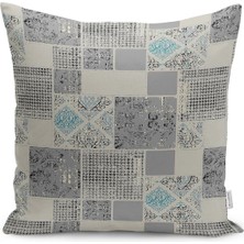 Gri - Bej Zeminde Patchwork Motifli Kazayağı Desenli Dijital Baskılı Yastık Kırlent Kılıfı
