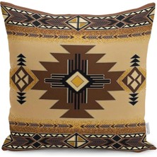 Kahverengi Zeminde Geometrik Motifli Kilim Desenli Dijital Baskılı Yastık Kırlent Kılıfı