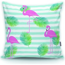 Yatay Dalgalı Mavi Çizgi Üzeride Yaprak ve Pembe Flamingo Baskılı Kırlent Kılıfı