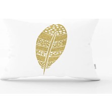 Beyaz Zeminde Gold Kuş Tüyü Desenli Dijital Baskılı Modern Dikdörtgen Yastık Kırlent Kılıfı