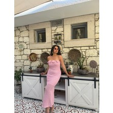 Kadın Çiçek Detaylı Pembe Uzun Elbise