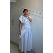 Kadın Bel Detaylı Beyaz Poplin Elbise