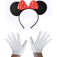 Erdo Ticaret Kırmızı Fiyonklu Minnie Mouse Tacı ve Beyaz Eldiven Seti