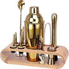 Premini Ahşap Standlı 12 Parça Gold Çelik Barmen Seti, Shaker, Tokmağı, Jigger