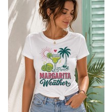 Hesco Margarita Weather Baskılı Beyaz Oversize Kadın Tişört – Yaz Temalı Vintage Grafik Tasarım
