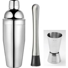 Premini Kokteyl Hazırlama Seti 3'lü Shaker, Bar Ölçeği ve Mojito Tokmağı Siyah