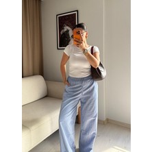 Kadın Mavi Çizgili Geniş Paça Rahat Basic Pantolon