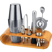 Premini 10 Parça Ahşap Standlı Boston Shaker Kokteyl Seti, 750 Ml, Şık ve Pratik