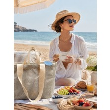 Faralya Life Çıtçıtlı Çift Saplı Kısa ve Uzun Sap Yeşil Çizgili %70 Pamuk %30 Polyester Çift Cepli 50*42 Ölçüde Omuz Çantası Çok Amaçlı Kadın Çanta Plaj Çantası