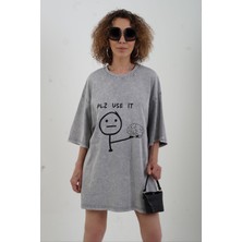 Zelish My Sister Gri Pls Use It Baskılı Soluk Efektli Oversize Tshirt