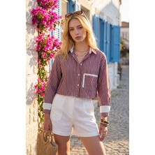 Bacc Bordo Manşet ve Cepleri Garnili Çizgili Oversize Crop Dokuma Gömlek