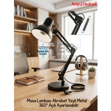 Yeo Aydınlatma Akrobat Masa Lambası Yaylı Metal - 360° Ayarlanabilir Çalışma Masası Lambası E27 Duy Masa Askı Aparatlı + Ampul Hediyeli Siyah