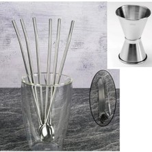 Premini 7'li Kokteyl Seti, Jigger, Pipet ve Bar Kaşığı, Çelik Pipet, Ölçekli