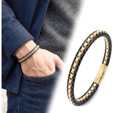 Moncuk Design Sarı Çelik Zincir Örgülü ve Deri Erkek Bileklik 33514B24D4