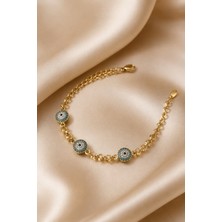 Balenbi Jewelry Kadın Üçlü Nazar Boncuklu Taşlı Kararmaz Çelik Bileklik 14K Gold Renk 1135