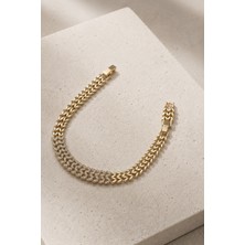 Balenbi Jewelry Kadın Taşlı Çift Sıralı Gurmet Zincir Kararmaz Çelik Bileklik 14K Gold Renk 1134