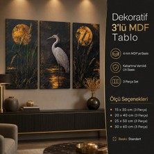 Dekoratif 3’lü Mdf Tablo Seti Kabartma Vernikli Uv Baskı Siyah Altın Ay ve Kuş Temalı Duvar Tablosu