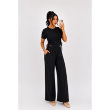 Moda Leyra Lina Fitilli Yan Büzgü Detaylı Likralı Crop Bluz Bol Paça Pantolon Ikili Takım Nefes Alabilen Terletmez Yeni Nesil Kumaş