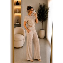 Moda Leyra Lina Fitilli Yan Büzgü Detaylı Likralı Crop Bluz Bol Paça Pantolon Ikili Takım Nefes Alabilen Terletmez Yeni Nesil Kumaş