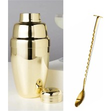 Premini Altın Renkli 350 ml Bar Shaker ve Kaşık Seti, Profesyonel Kokteyl Hazırlama