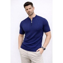 Lune Store Erkek Kısa Kol Fitilli Triko T-Shirt Yazlık Hakim Yaka Tişört - Lacivert