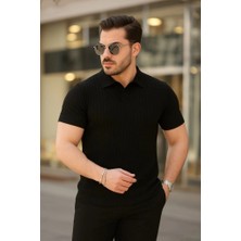 Lune Store Erkek Kısa Kollu Yakalı Çizgi Desenli Triko Bluz