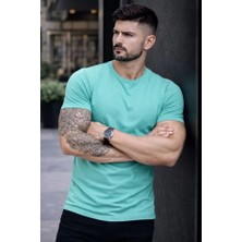 Lune Store Erkek T-Shirt Bisiklet Yaka Slim Fit Dar Kesim Likralı Tişört Günlük Basic Body - Turkuvaz