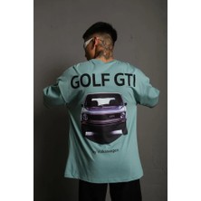 Lune Store Erkek Oversize Baskılı Tişört – Golf Gtı Retro Araba Desenli, Ön - Arka Dijital Baskı, Sokak Modası Stil - Mint Yeşili