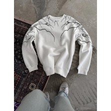Lune Store Yıldırım Baskılı Bisiklet Yaka Sweatshirt - Beyaz