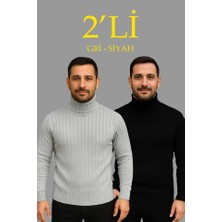 Lune Store Erkek Fitilli Triko Kazak 2li Set Gri Siyah Regular Balıkcı Yaka Tam Boğazlı Triko Seti Modeli Kazak