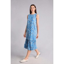 DeFacto Regular Fit Bisiklet Yaka Çiçekli Mavi Midi Elbise E9437AX26HS