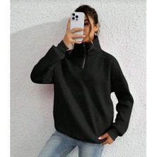 Lune Store Unisex Uzun Kol Yarım Farmuarlı Yakalı Basic Sweatshirt - Siyah