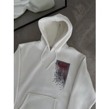 Lune Store Uzun Kol Kapşonlu Ön ve Arka Baskılı Sweatshirt - Beyaz