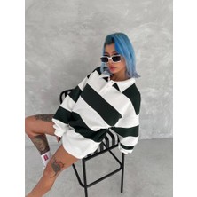 Lune Store Unisex Üç Iplik Parçalı Yakalı Sweatshirt - Yeşil