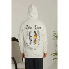 Lune Store Erkek Sırt Baskılı Oversize Üç Iplik Kapüşonlu Sweatshirt - Beyaz
