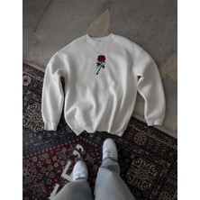 Lune Store Unisex Bisiklet Yaka Ön ve Arka Baskılı Sweatshirt - Beyaz