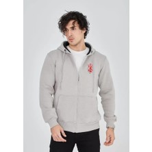 Lune Store Unisex Baskılı Tam Fermuarlı Kapşonlu Sweatshirt - Boyalı Gri