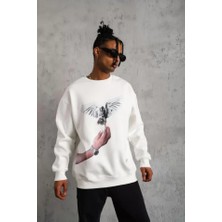 Lune Store Erkek Güvercin Baskılı Sweatshirt - Beyaz