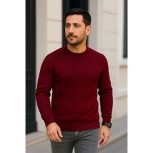 Lune Store Erkek Bisiklet Yuvarlak Yaka Triko Kazak Pamuklu Kalın Fitilli Dokuma, Regular Fit Uzun Kollu Kışlık Model - Bordo