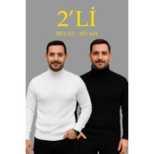 Lune Store Erkek Fitilli Triko Kazak 2li Set Beyaz Siyah Regular Balıkcı Yaka Tam Boğazlı Triko Seti Modeli Kazak