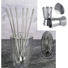 Premini Çelik Pipet ve Bar Seti, 6 Parça, Kaşıklı, Ölçekli, Fırçalı, Kokteyl Aksesuarı