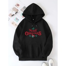 Lune Store Yılbaşı Merry Christmas Baskılı Oversize Kapüşonlu Sweatshirt Hoodie - Siyah