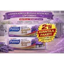 Gees Global Polmix Lavanta Kokulu Büzgülü Çöp Torbası Büyük Boy 65X70 cm 10'lu 2 Paket Dayanıklı Sızd