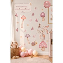 Msticker Pastel Sevimli Tavşan Duvar Sticker Seti 52 Parça | Mantar, Kelebek ve Papatya Çocuk Odası Stickerı