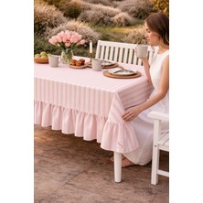 Shules Collection Buldan Keteni Fırfırlı Vintage Pembe Çizgili Masa Örtüsü