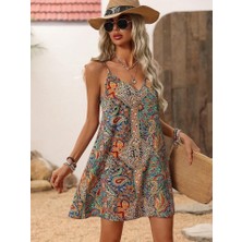 Deridün Yıldız Shoes Kadın Ip Askılı V Yakalı Desenli Kısa Süprem Elbise