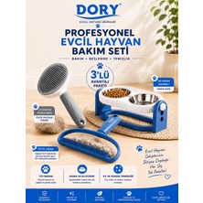 Dory Tiftik Tarak Mavi Tüy Toplayıcı Otomatik Temizlenen Tuşlu Evcil Hayvan Fırçası Gri ve Çift Krom Hazneli Mama Kabı Mavi Üçlü Set