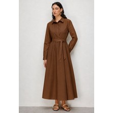 Mizalle Kuşak Detaylı Poplin Gömlek Kahverengi Elbise