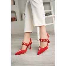 Nesil Shoes Fls 660 Kırmızı Saten  9cm Topuklu Kadın Sandalet
